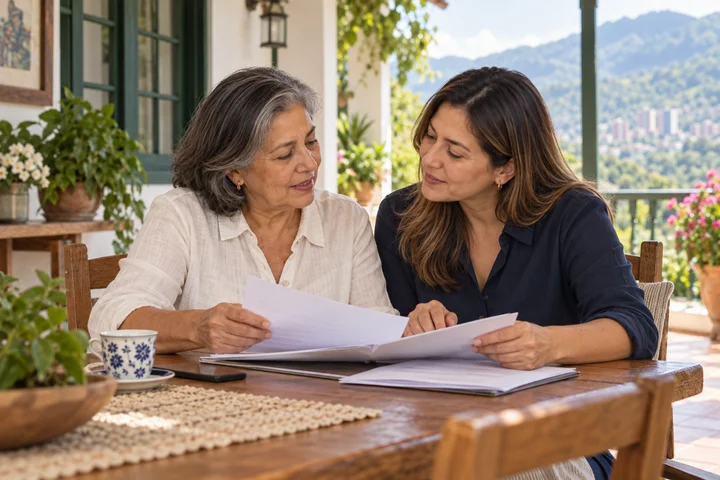 Escena ilustrativa de personas conversando y revisando documentos